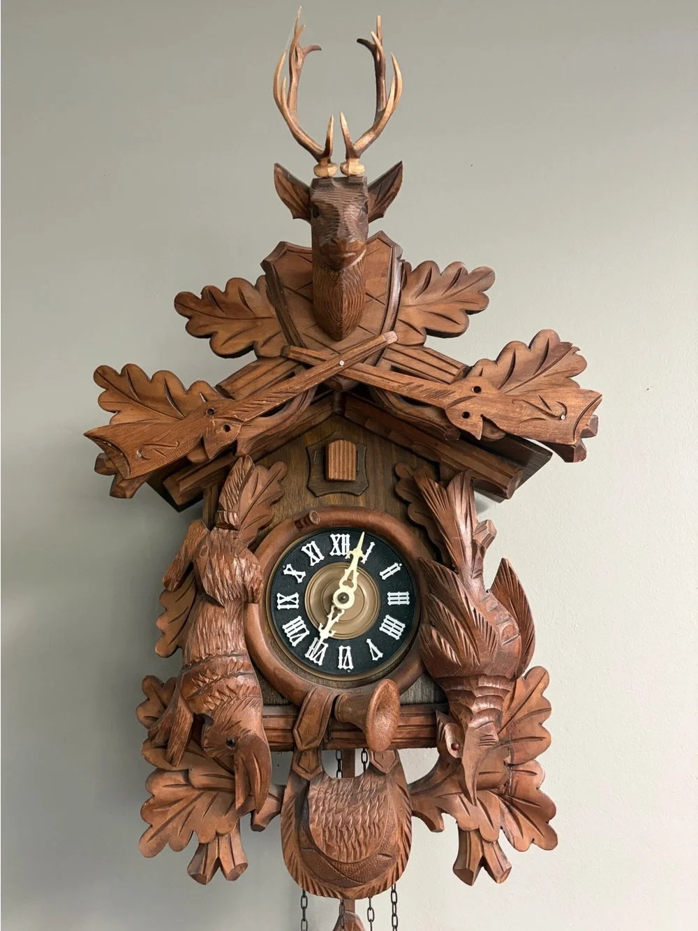 Vintage German Black Forest Hunter Cuckoo Clock Carved Deer Rabbit Pheasant